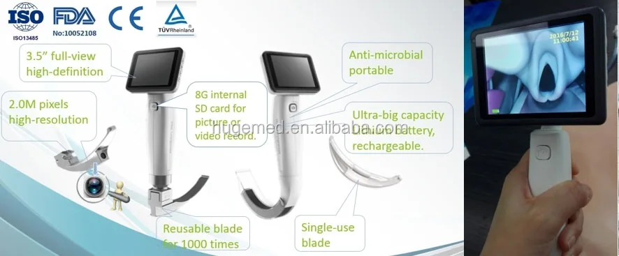 
316 medical stainless steal reusable blade Anesthesia video laryngoscope with 3.5'Color LCD led light 360 degree rotatable USB 