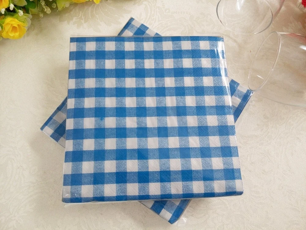 Factory Blue Red Yellow Green Grid Printed Dinner Paper Napkins 2Ply 3Ply For Wedding Party Use