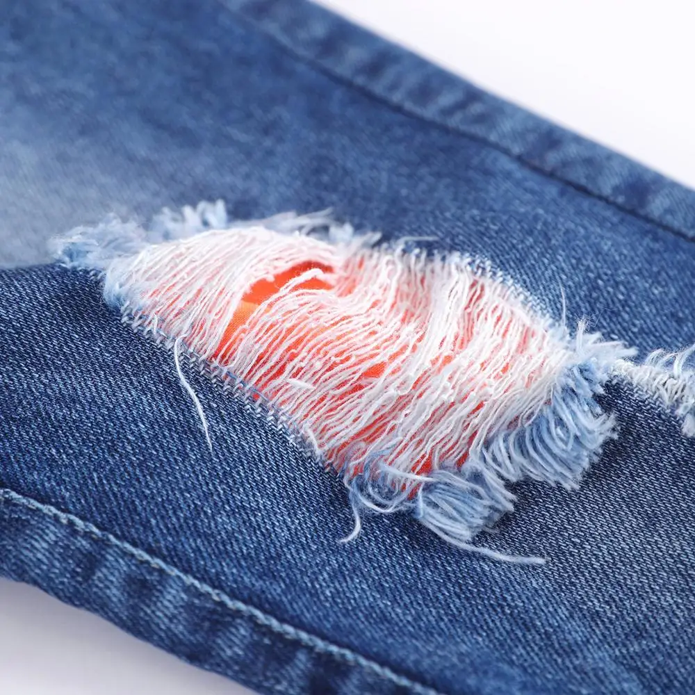 
2021 Newest Design Cool Kids Jeans Fashion Ripped Patchwork Causal Pants Color Fade Proof Breathable Feature Baby Boys Trousers 