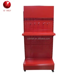 Silk printing Customize Logo Board Red Color Metal Pegboard display with wheels