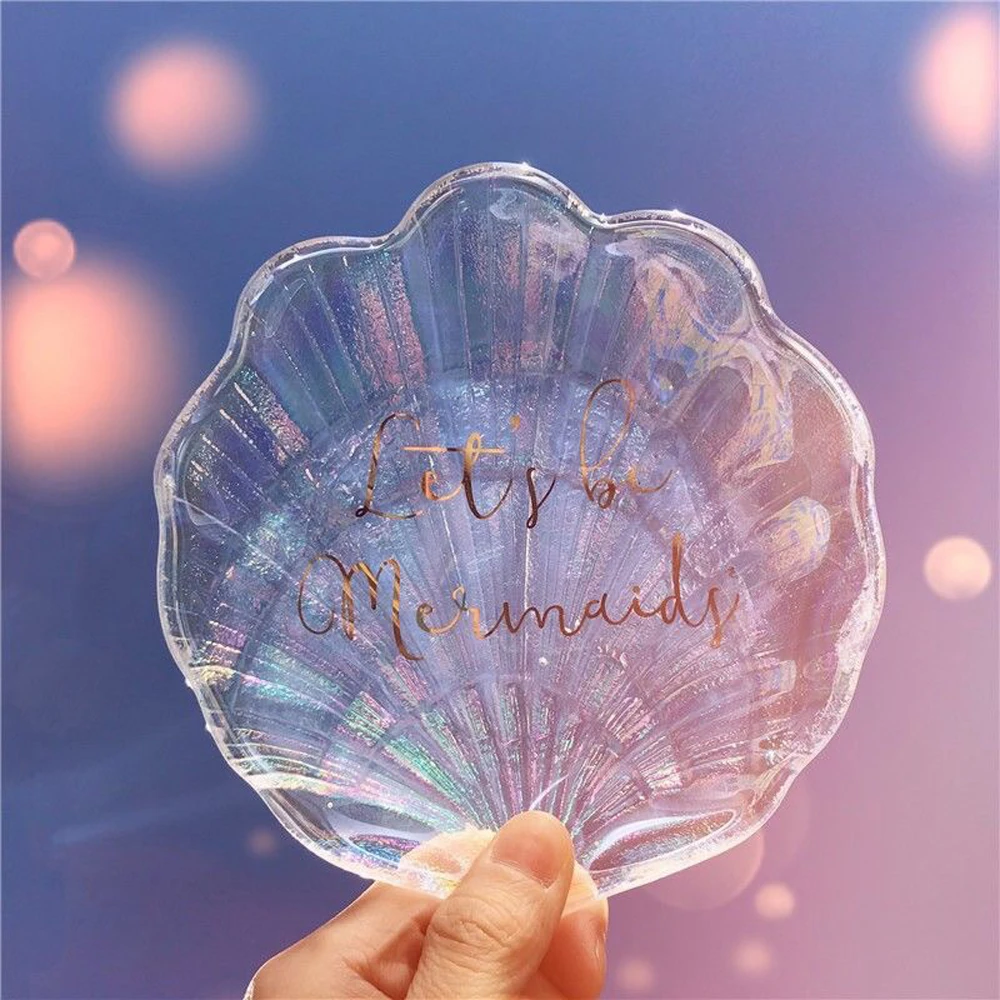 
Fairy Jewelry Display Plate Fantasy Decoration Colorful Laser Bronzing Letters Mermaid Shell Glass Plate 