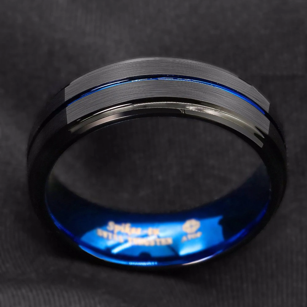 
8MM Black Brushed Ladder Edge Tungsten Ring BLue Stripe Mens Wedding Band 