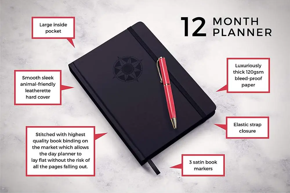 
2020 Custom double bookmarks printing quality 90 day 360 day pu planner 