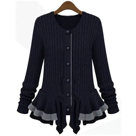 Navy Long Sleeve Cable Knit Ruffle Cardigan Sweater-in