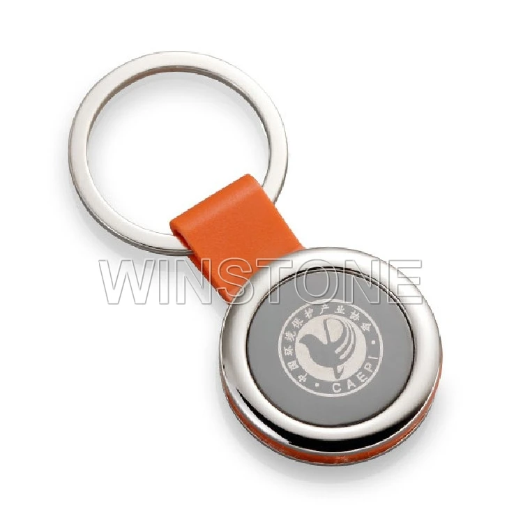 promotion gift customized Spinning Round shapedLeather Strap Blank Rotatable Metal Key ring Holders