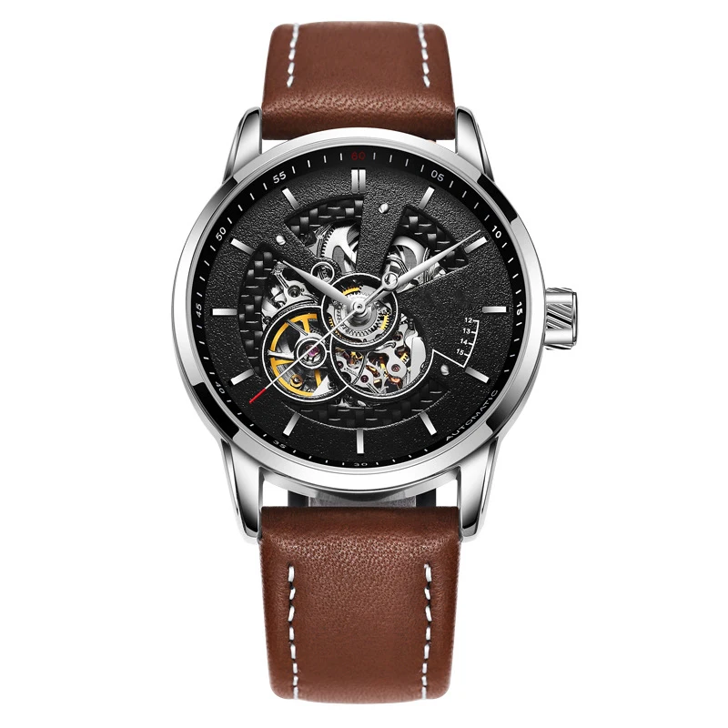 Модные стильные мужские часы Oem с индивидуальным логотипом, механические Автоматические повседневные полые часы с кожаным ремешком