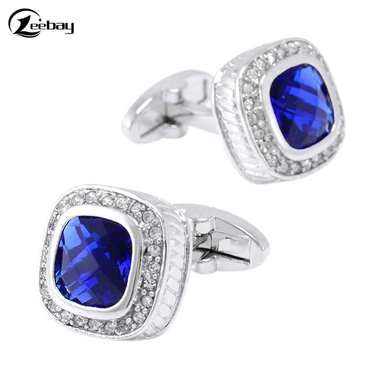 Men's Classic Square Sapphire Cufflinks Silver Blue Crystal Cufflinks