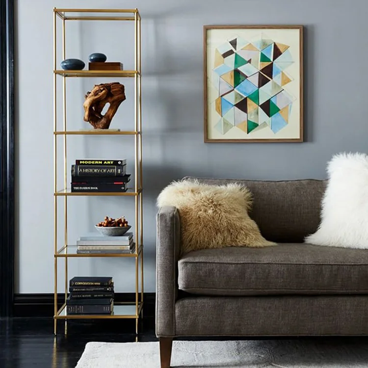 Modern gold stainless steel metal tempered glass display bookshelf