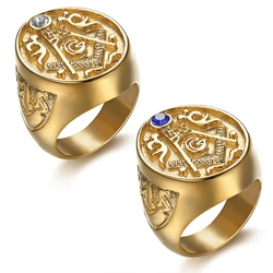 Punk 316L Stainless Steel Luxury Gold Color Masonic Clear Blue Zircon Finger Ring for Men Fashion Party Jewelry
