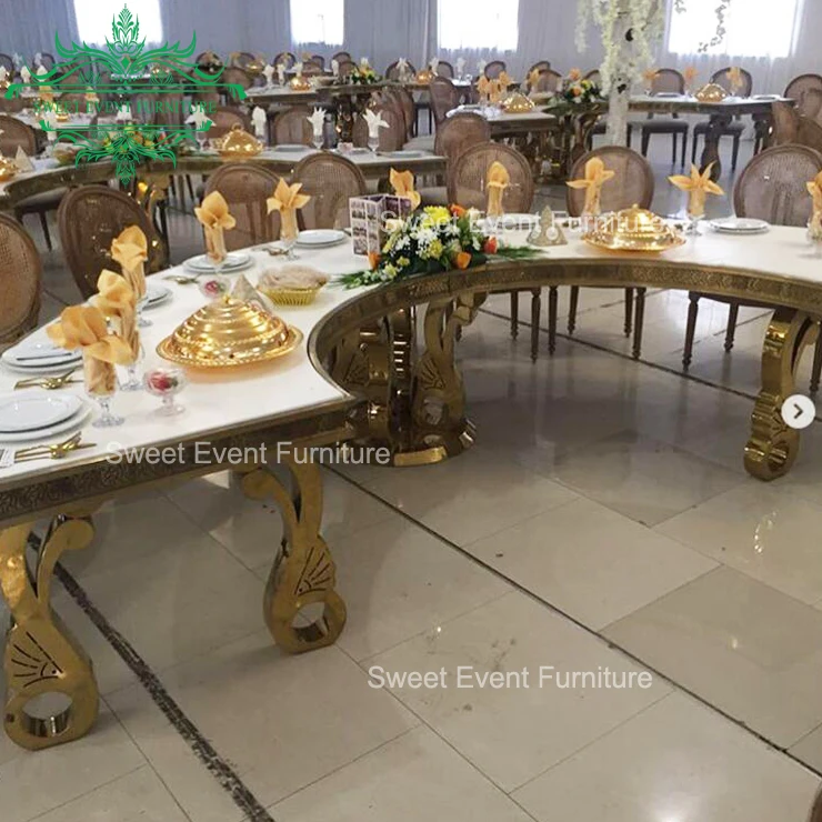 Latest royal design half moon shape wedding table with golden chairs
