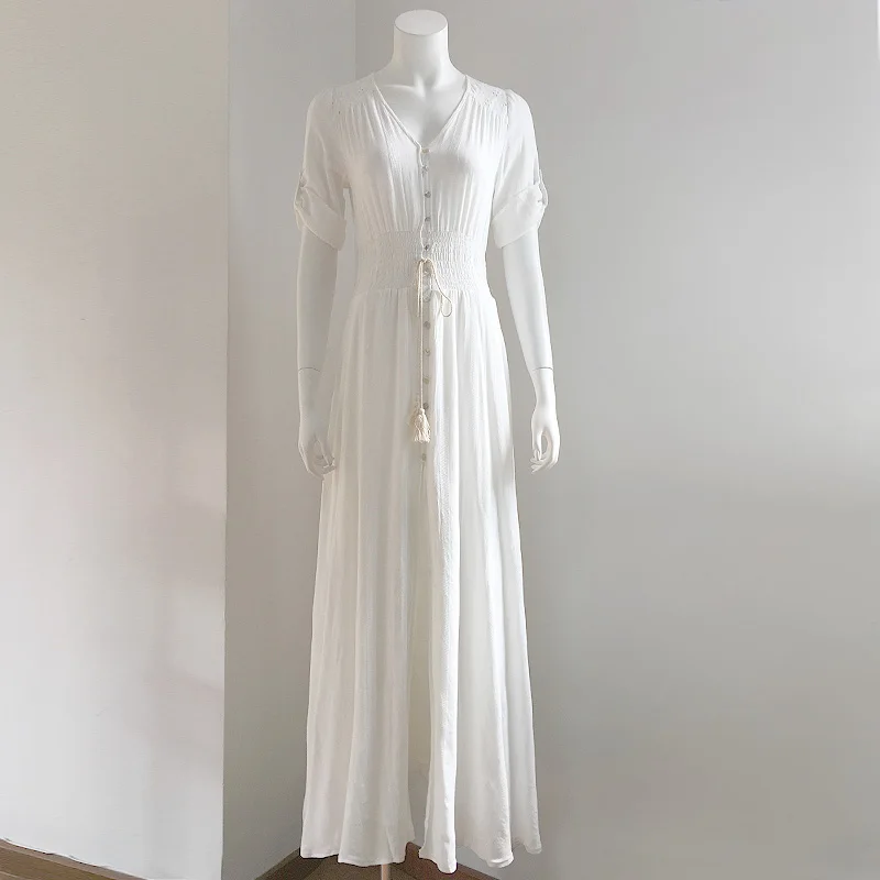 
UK V neckline Patchwork embroider tall waist maxi cotton dress bohemia style 