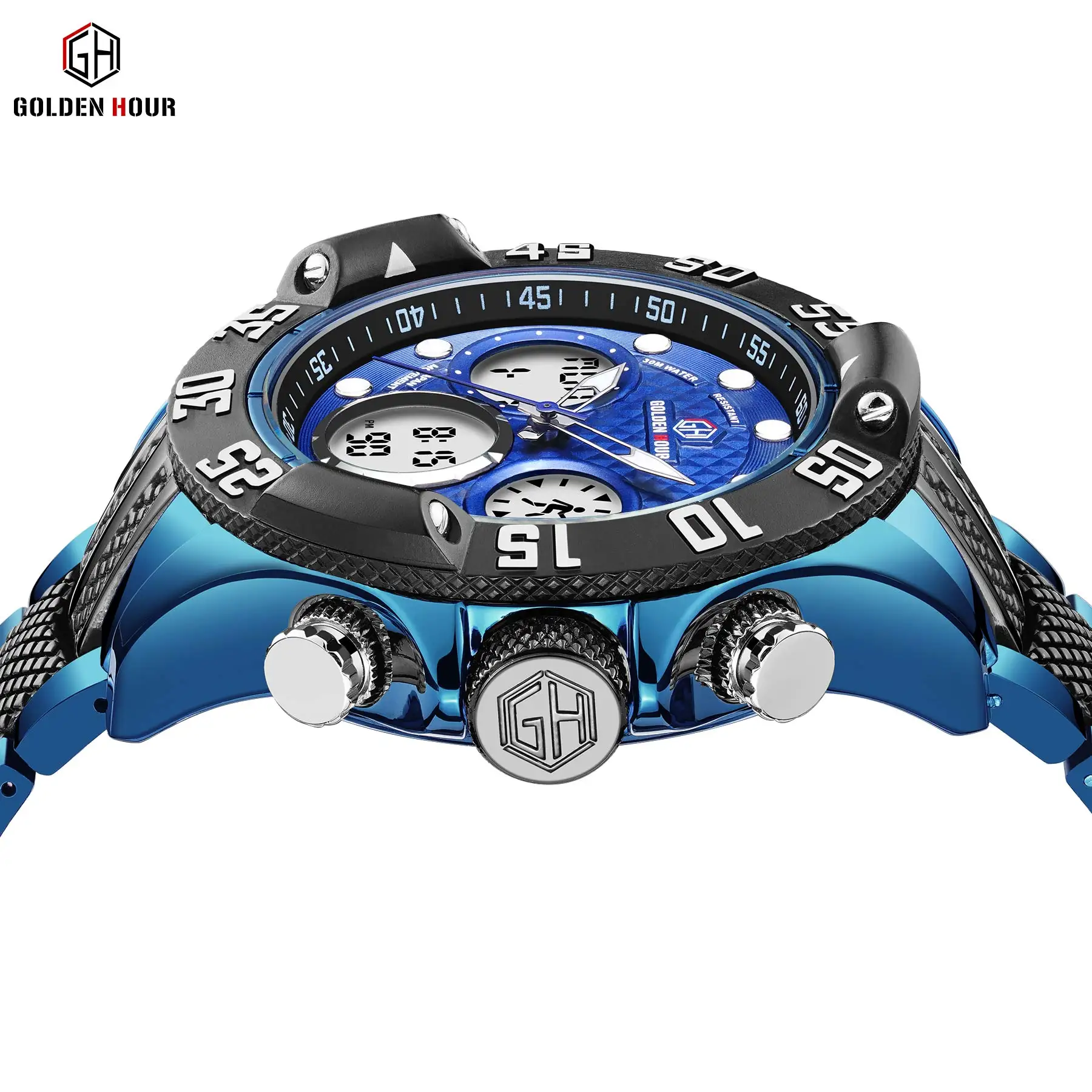 
GOLDENHOUR GH119 Luxury Brand Analog Digital Wrist Watch Gent Orologi Water Resistant Sport Military Watches Men Quartz Watches 