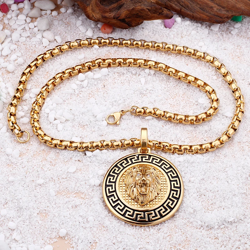 The Lion Heart CZ Round Pendant Men Necklace Accessories Jewelry