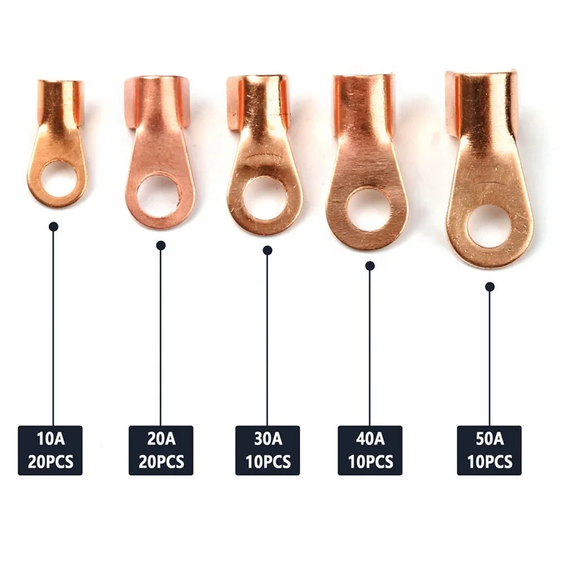 Urlwall 70Pcs Bare OT Open Ring-Type Copper Circular Splice Terminals Kit Non-insulated Naked Cable Wire Connector 10-50A Kit