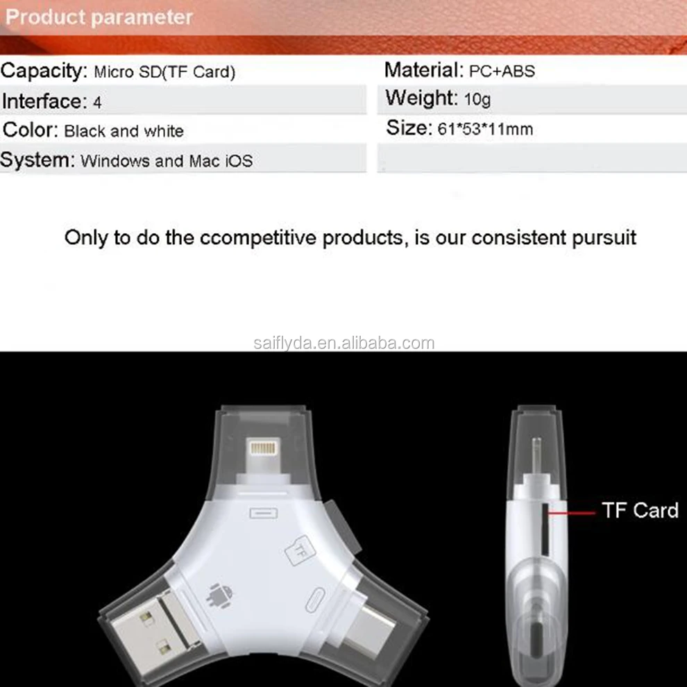 
4 in 1 Micro USB Type rfid smart card reader for mobile type c for iPhone 6 7 for Samsung s7 s6 and laptop memory card adapter 