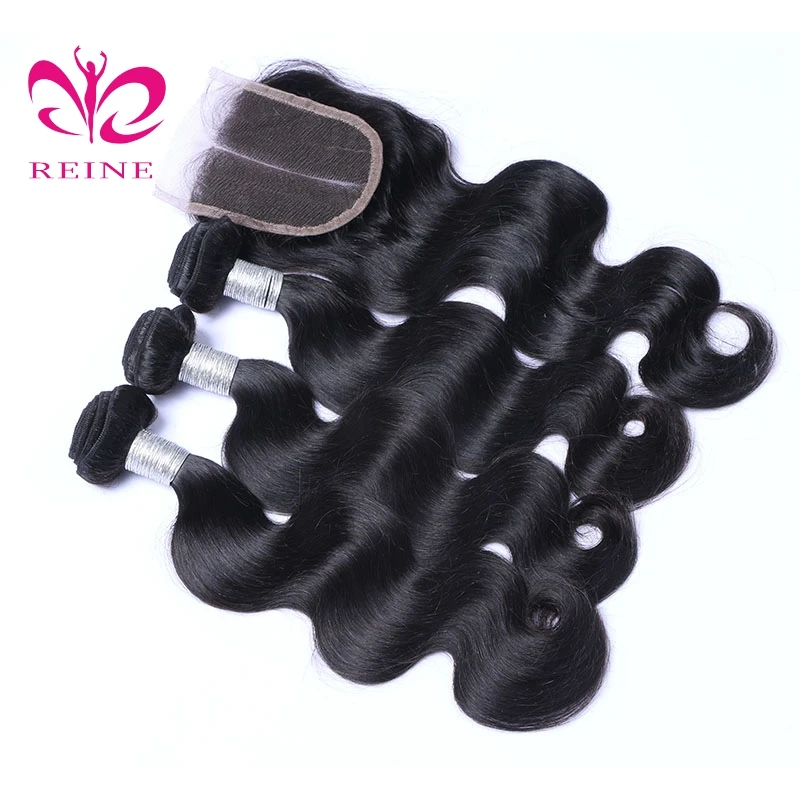 REINE No Mixed No Synthetic Hair 100 Virgin Remy Indian Human Hair Body Wave Bundles With Lace Closure