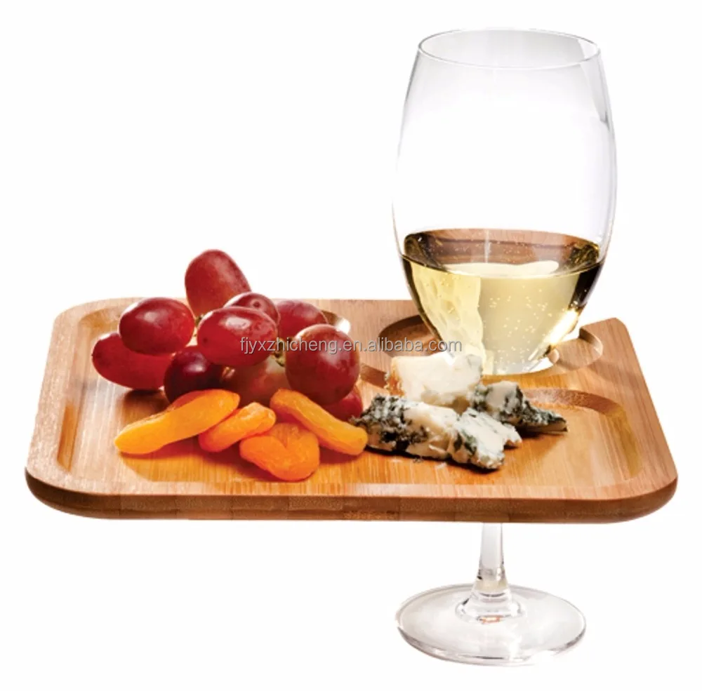 Wholesale Square Bamboo Cocktail Plate Wine Appetizer Plates Cheese Board Serving Trays with Wine Glass Holder for Home Party