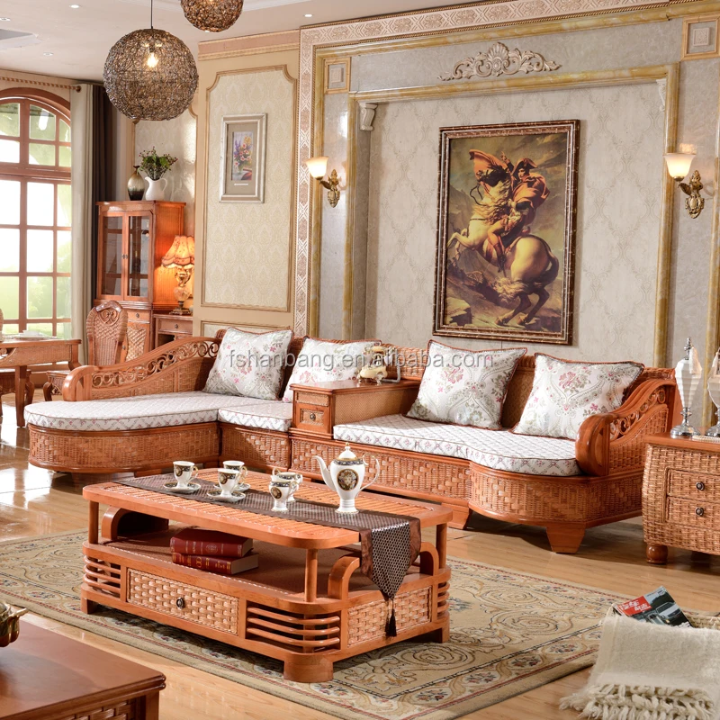 2015 High Quality Indoor 1+L sofa sets with cushion high end Vintage Cane Furniture for salon