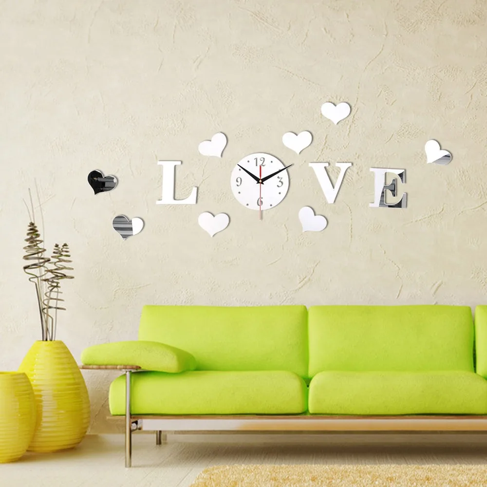 
Luxury Design Crystal Mirror Sticker Clocks Creative Love Heart Wall Clocks 