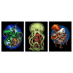 Octopus Tentacles Cool Posters Canvas Prints Beer Barrel Bottle in The Deep Blue Sea Boys Room Decor (12x16inchx3P