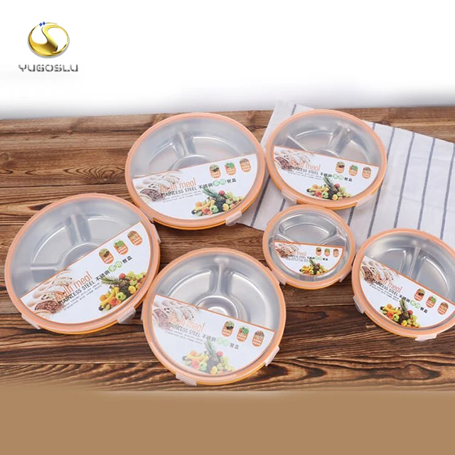 Factory supply directly Wholesale stainless steel round shape baby snack tray with plastic lid