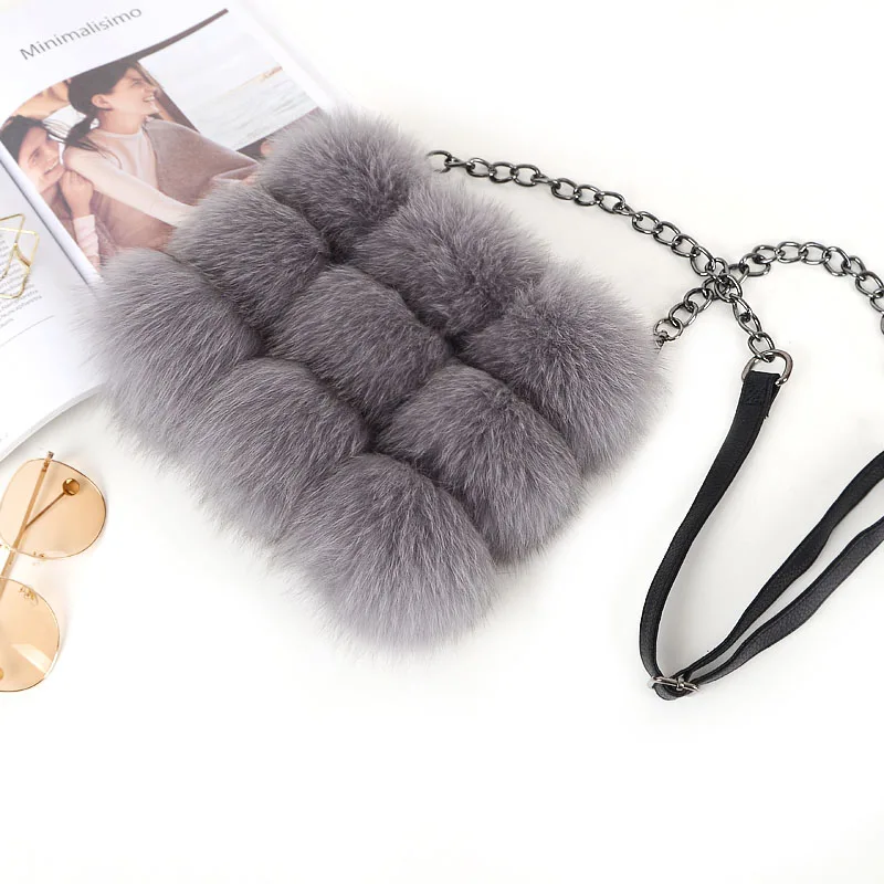 Custom Design Lady Handbag Real Fox Fur Bag Long Metal Chain Shoulder Bag