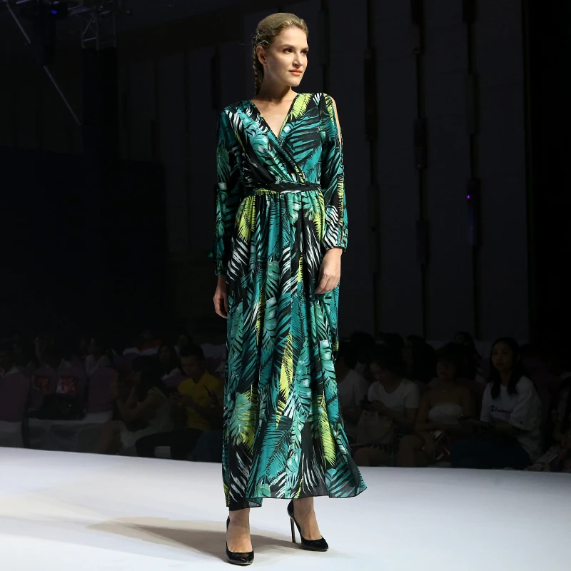 Dresses Print Summer Casual Sleeve Woman Full Natural OEM Service Floral Print  Adults Chiffon Maxi Green long dress women