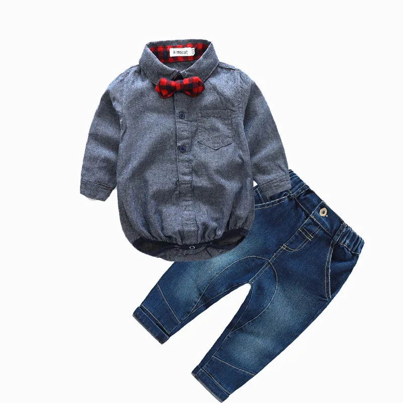 latest pure color stock fashion infant baby bodysuits denim pants hot sale boy suits