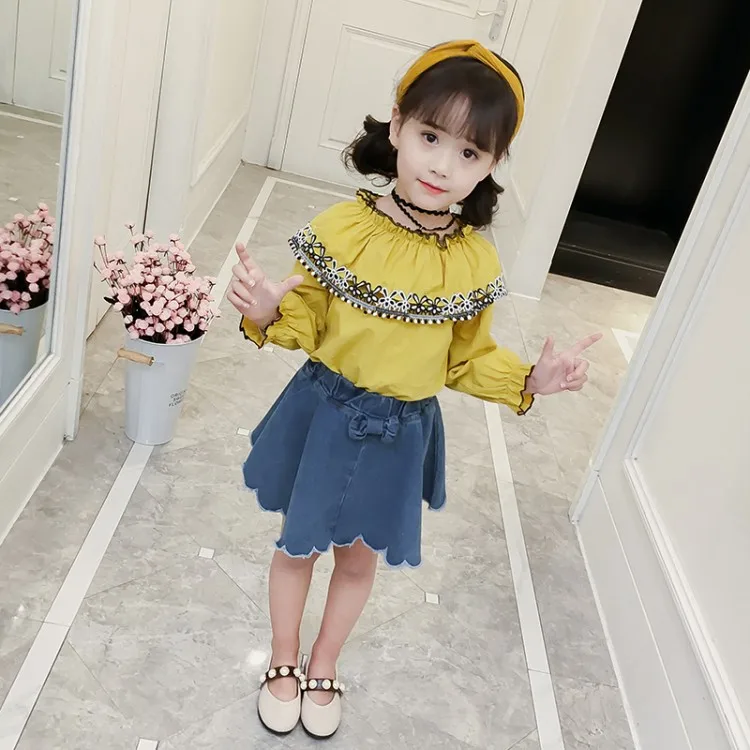Hao Baby Girls Spring Shoulder Shirt Bust Bull-puncher Skirt Outfit Wholesale Children Clothing
