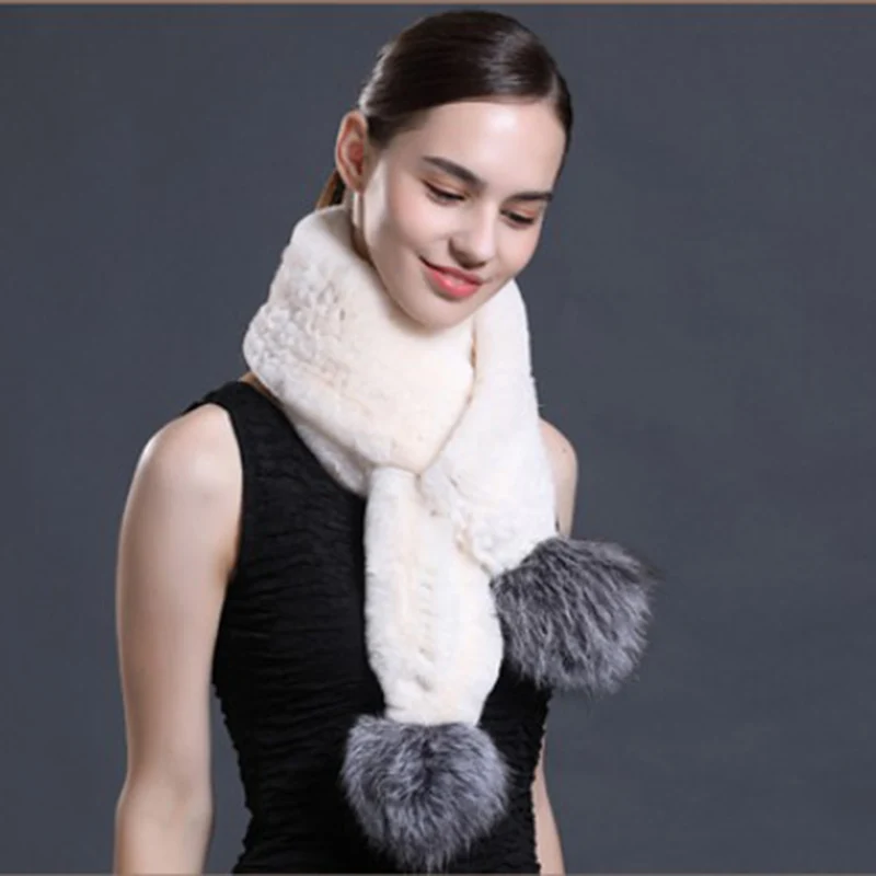 CX-S-109A Hot Sale Hand Knitted Scarves Rex Rabbit Fur Scarf with Fox Fur Pompom