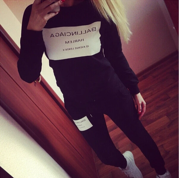 Euramerican style new style square printed letters Women s Sets casual sport long sleeved fleece suit