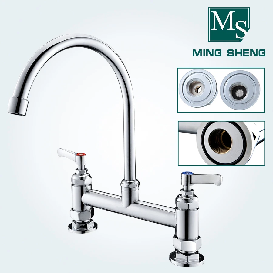 Chrome Deck Mount Dual Lever Handle Gooseneck Kitchen Workboard Sink and Pantry Mixer Faucet Tap with Swing Nozzle