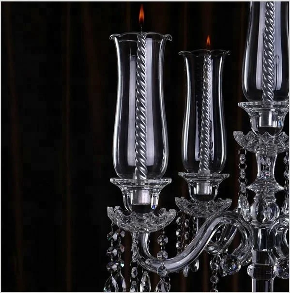 Высококачественный недорогой хрустальный канделябр на 5 рук для свадебного декора стола, оптовая продажа, стеклянный подсвечник с ураганом, распродажа