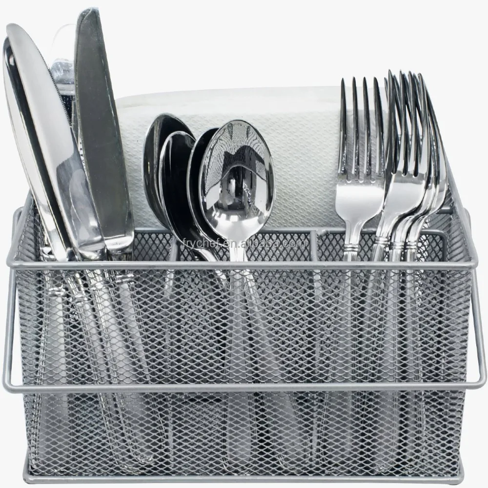 Metal Utensil caddy holder, Home & Kitchen & Restaurant storage serving basket, Silver basket F0210