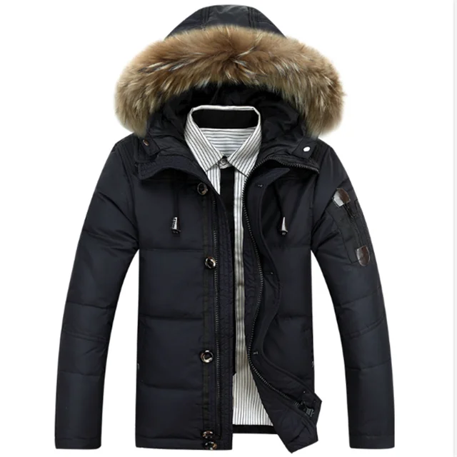 Mens Winter Duck Down Jacket Fur Hooded Black Outdoor Winter Jacket Men