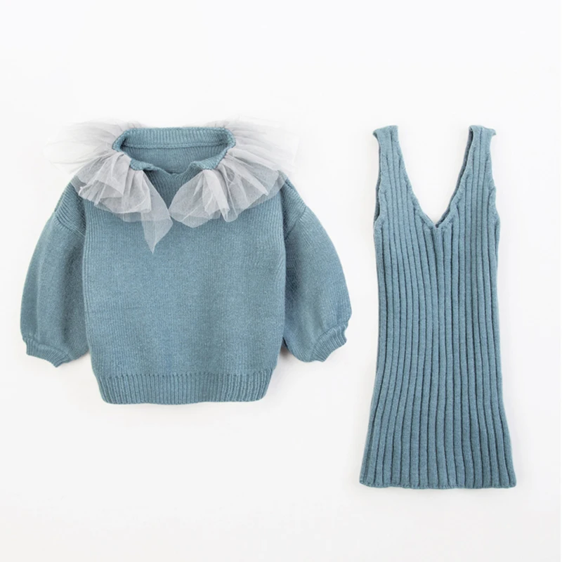 
Latest design winter two-pieces set baby wool knitted puff sleeve pullover Christmas lace neck girls sweater dress suit 