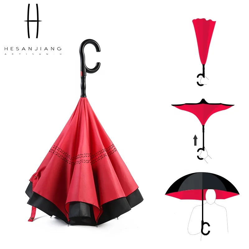 Basic type windproof automatic reverse umbrella for car with C handle double layer fabric