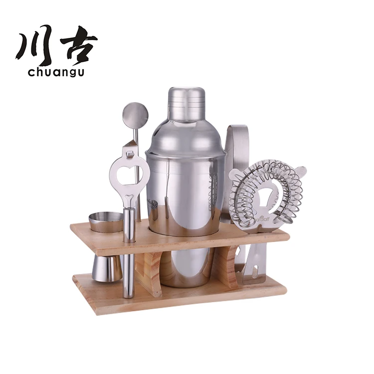 
Wooden Stand 550Ml Stainless Steel Cocktail Bar Set Shaker 