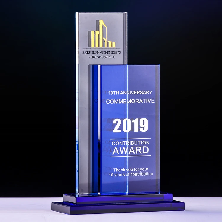 
Sandblasted two-layer glass awards crystal trophy for government gifts 