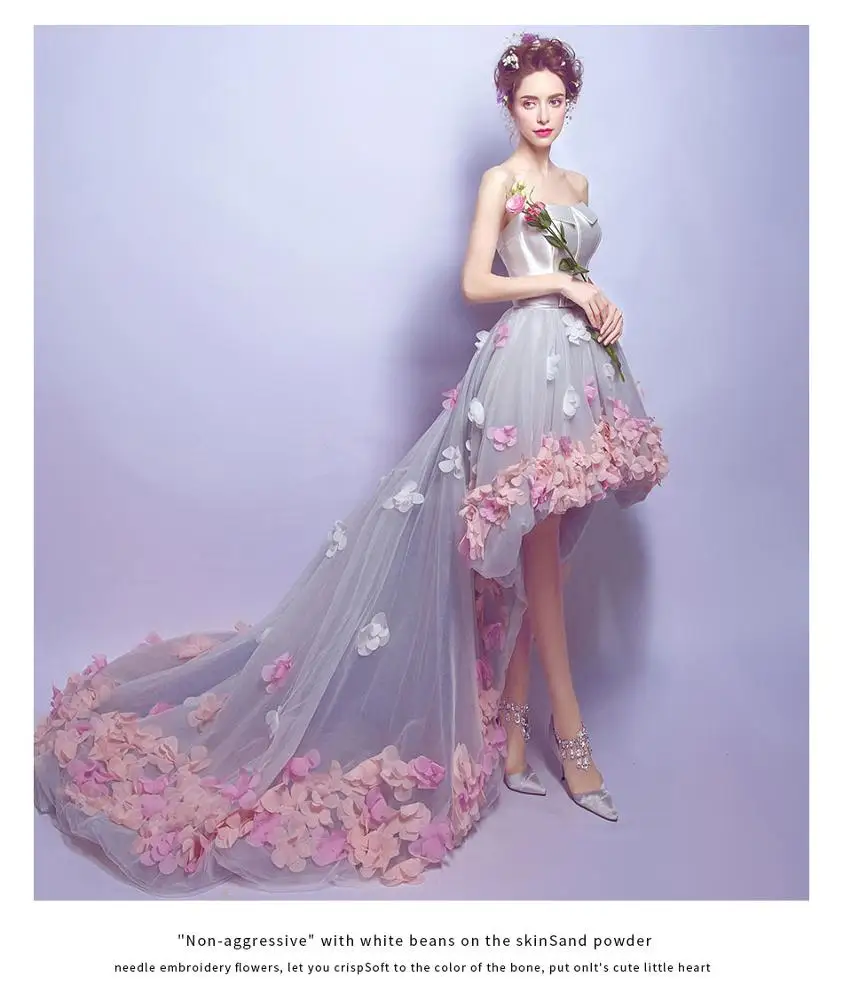 Wholesale Beatiful Short Front And Long Train Lace Applique Strapless Wedding Dress