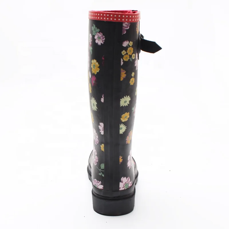 Hot sales fashion cheap high heel black flower print women rubber rain print shiny rain boots