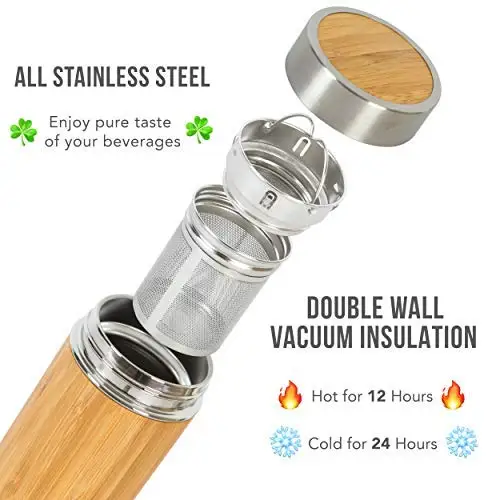 Wholesale Vacuum BPA Free Natural Bamboo Tumbler Water Bottle Tea Infuser