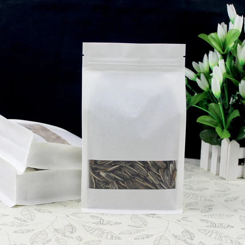 Matte White Gusset Side Seal Flat Bottom Ziplock Kraft Bag Paper Rice Nut Melon Seed Tea Food Stand Up Pouch Bag with Window