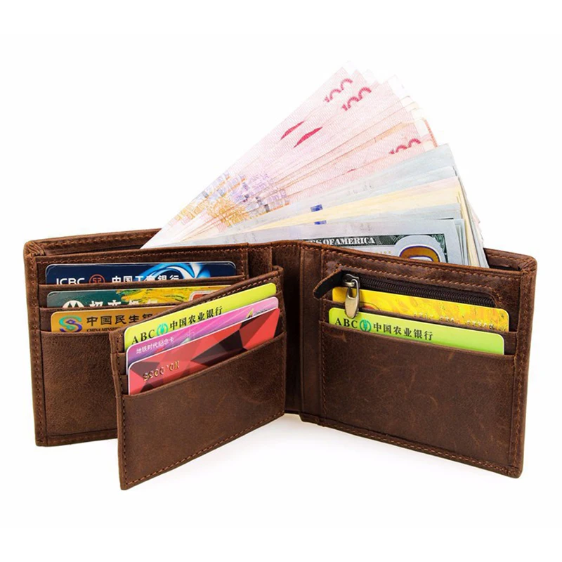 Crazy Horse Cow Leather Wallet Manufacturer Zipper Travel Leather Coin Purse for Men