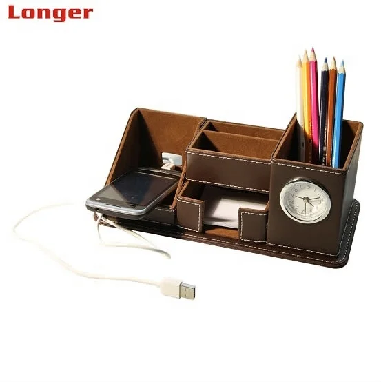 LG-B050 Custom Logo Personalized Office Stationary Desk Pen Holder  PU Leather Table Pen Holder With Alarm Clock
