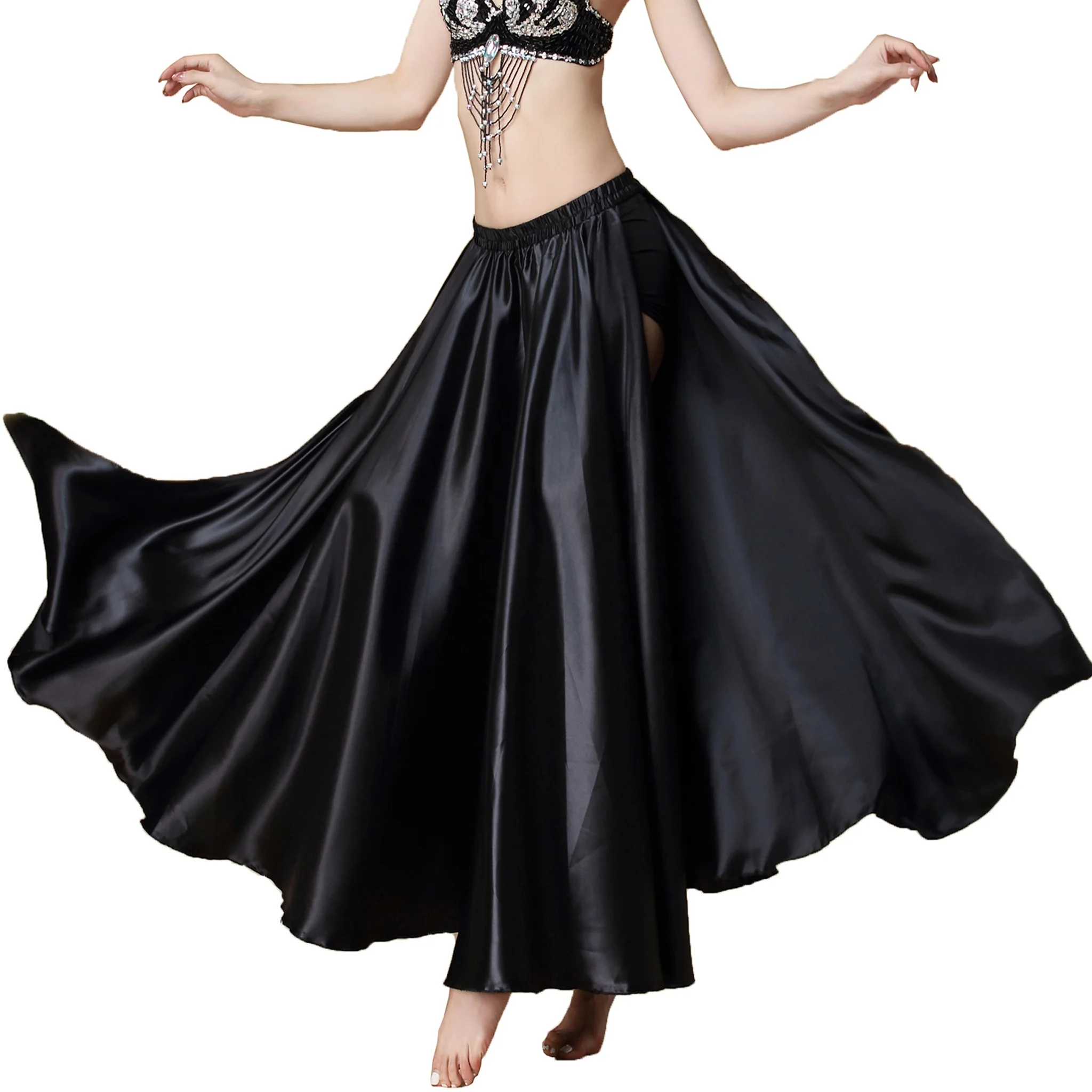 New Bestdance Belly Dance Tribal 2 Sides Slit Satin Skirt Tango Cha Cha Dancing Skirt Costume