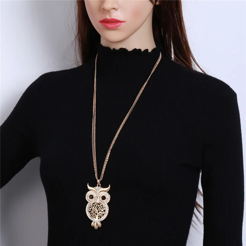 Big Owl Crystal Long Necklace & Pendant For Women Gold Silver Color Black Eye Lucky Owl Animal Pendant Fashion Jewelry XL06717