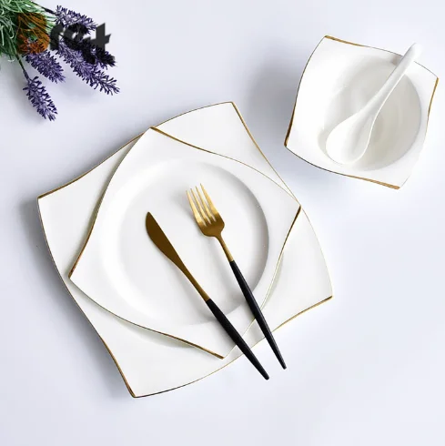 Brett  Square Gold Rim Porcelain Dish Plate Wholesale Bulk High Standard Bone China Plate  Dinnerware For Restaurant