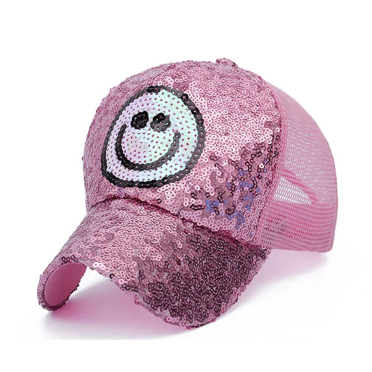 Customize plain paillette shiny color glitter Smile face sequin cap