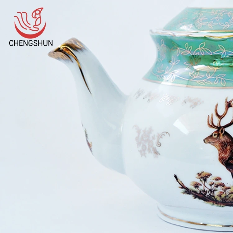 10 Inch Green Gold Leaf Elk Ceramic Teapot